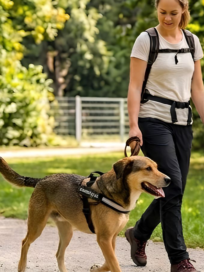 Frau geht mit ihrem Hund an der Leine spazieren