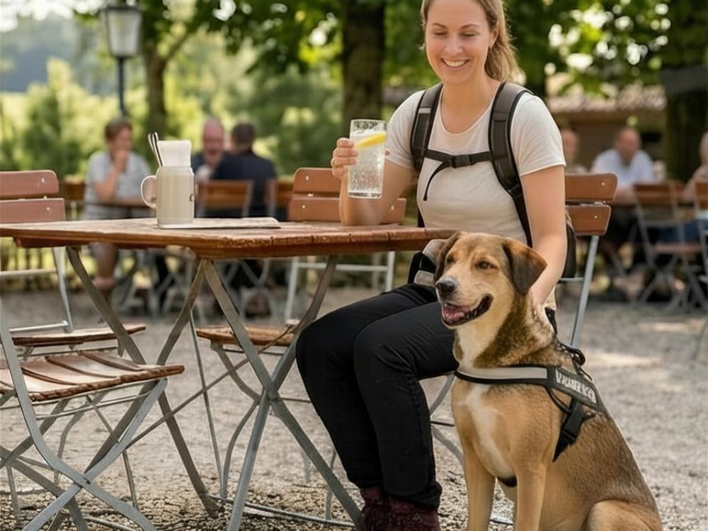Gast mit Hund an einem Tisch im Biergarten