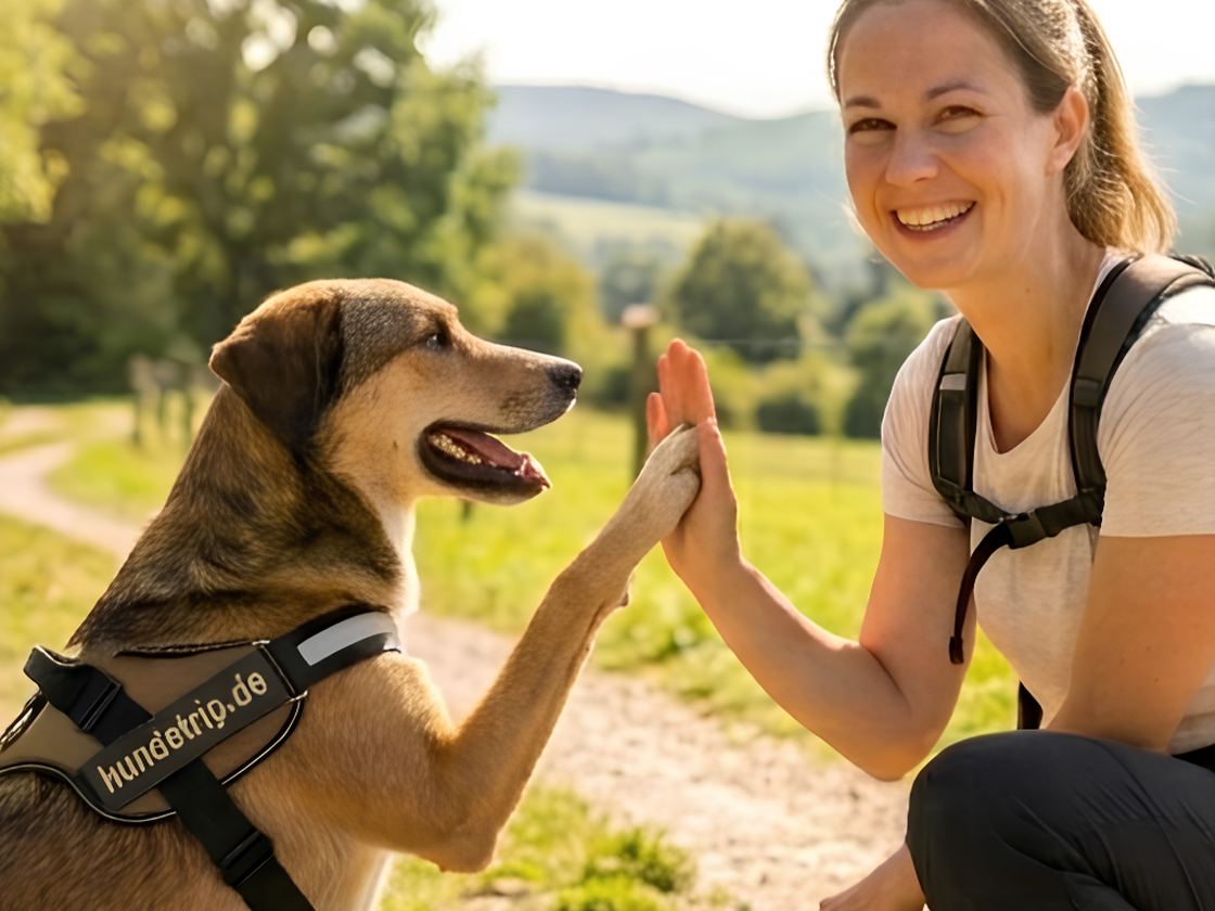 Frau und Hund geben sich bei einer Wanderung ein High Five