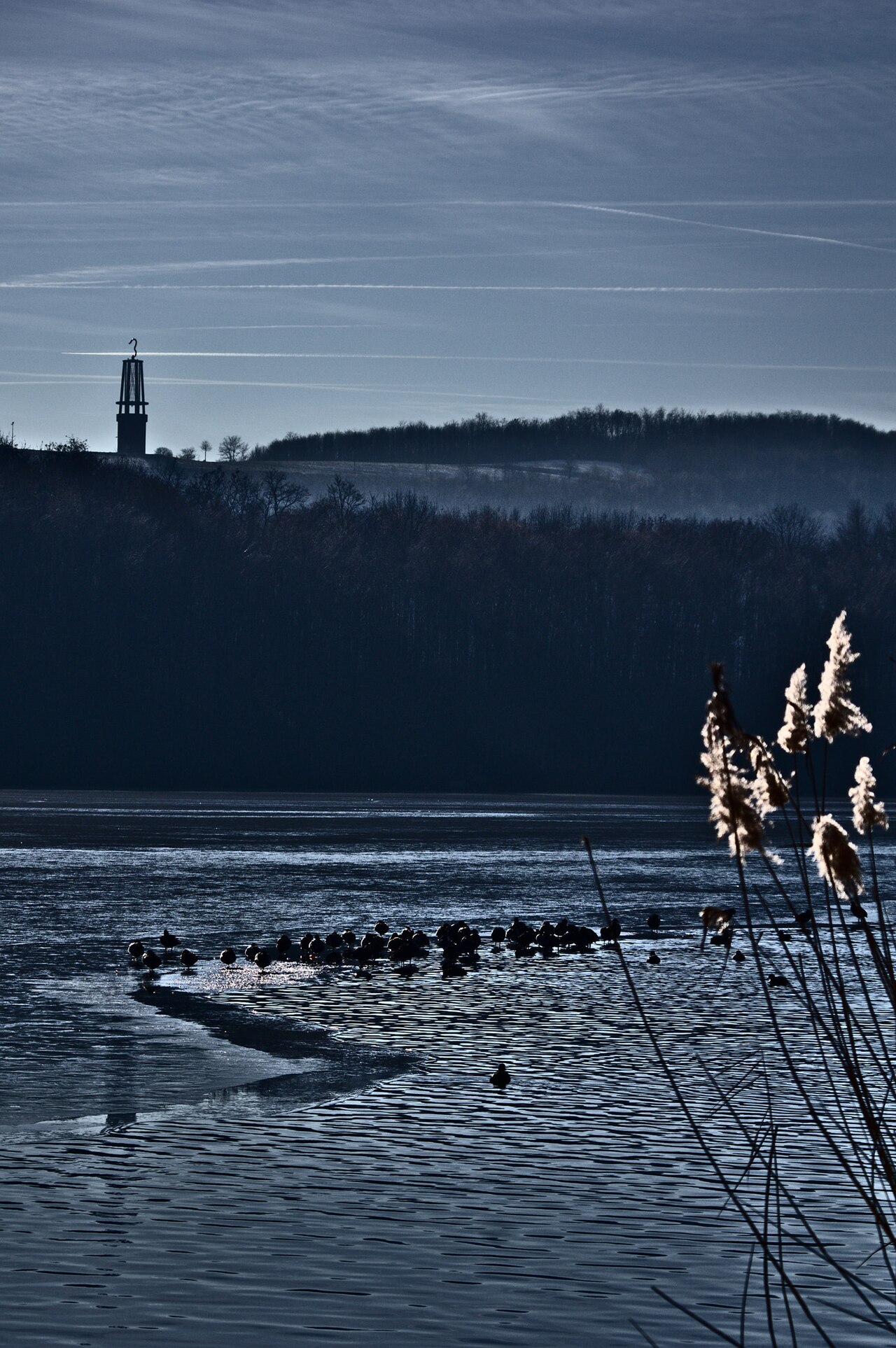 Blick über den Waldsee zur Halde Rheinpreußen mit der Großskulptur „Geleucht“ in Moers – Baeler Busch / Waldsee, Duisburg