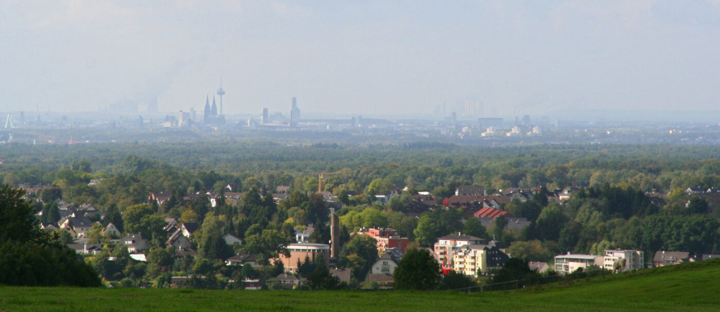 Blick auf Köln – hundefreundliche Region rund um Wiese vor dem Sportplatz